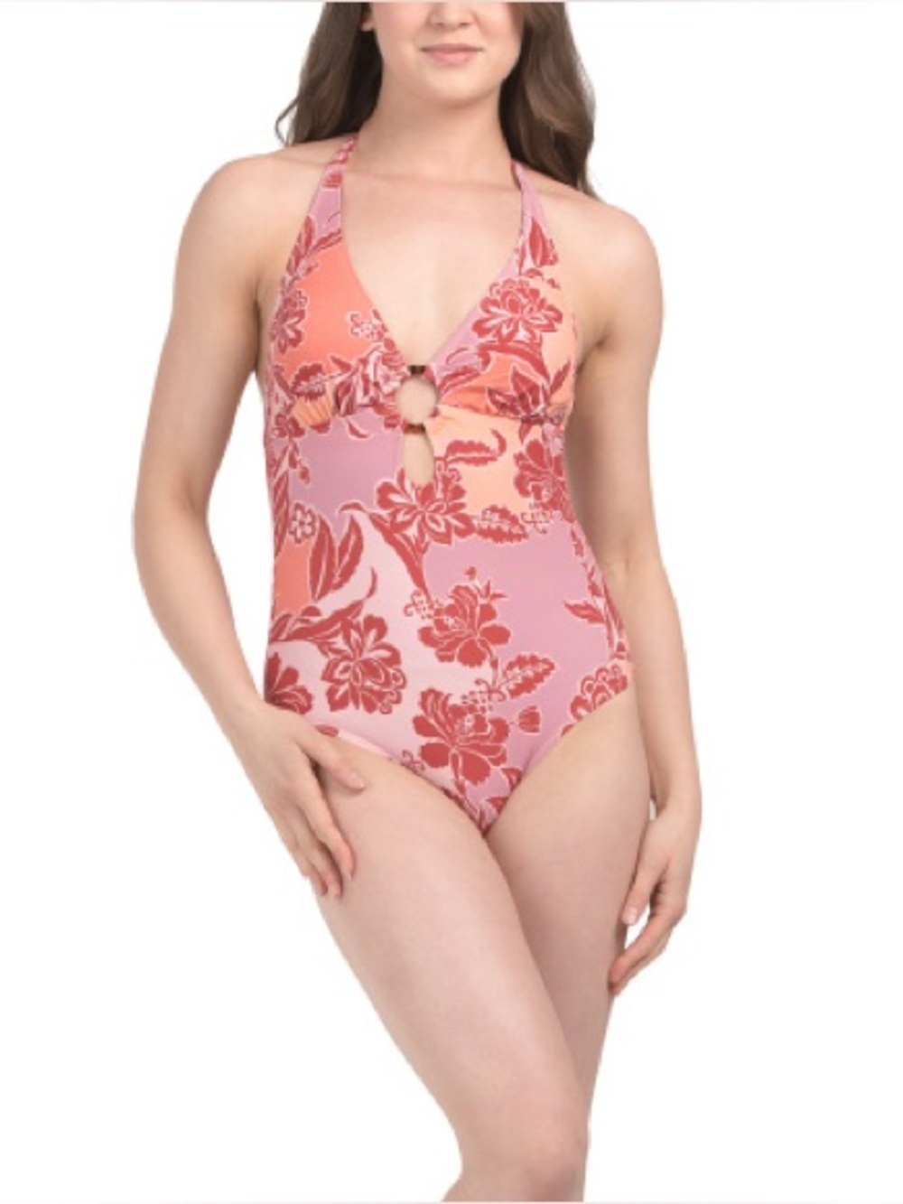 NWT Onshore La Perouse Floral Halter One Piece Swimsuit Ring Detail Pink Size 12